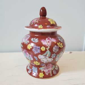 Boho Floral Deep Red Porcelain Ginger Jar with Lid Vintage Porcelain Vessel
